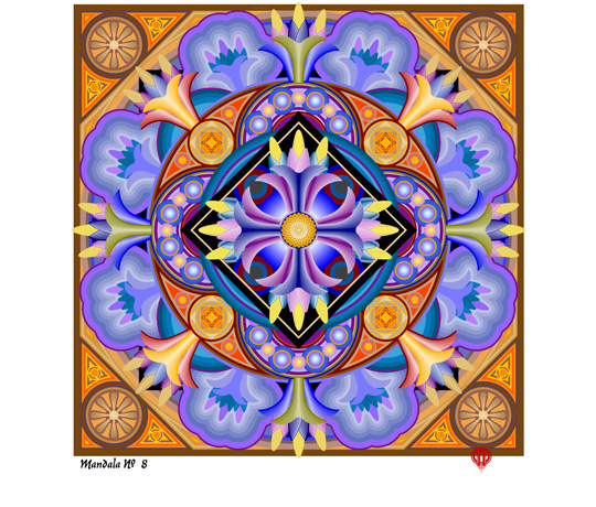 <b>Mandala #8</b><span><br /> Designed by <b><a href='/success-stories/squaring-the-circles-creating-art-in-graphite/'>Al Plyley</a></b> • Created in <a href='/2d-3d-drafting/2d-3d-cad-graphite.html'>Graphite Precision CAD Software</a>, colored in Corel PaintShop Pro</span>